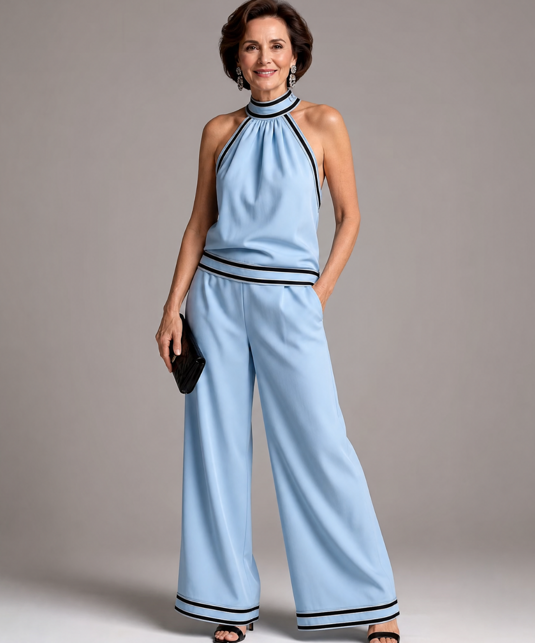 Therese – Overall med halterneck, vida ben och kontrastkant