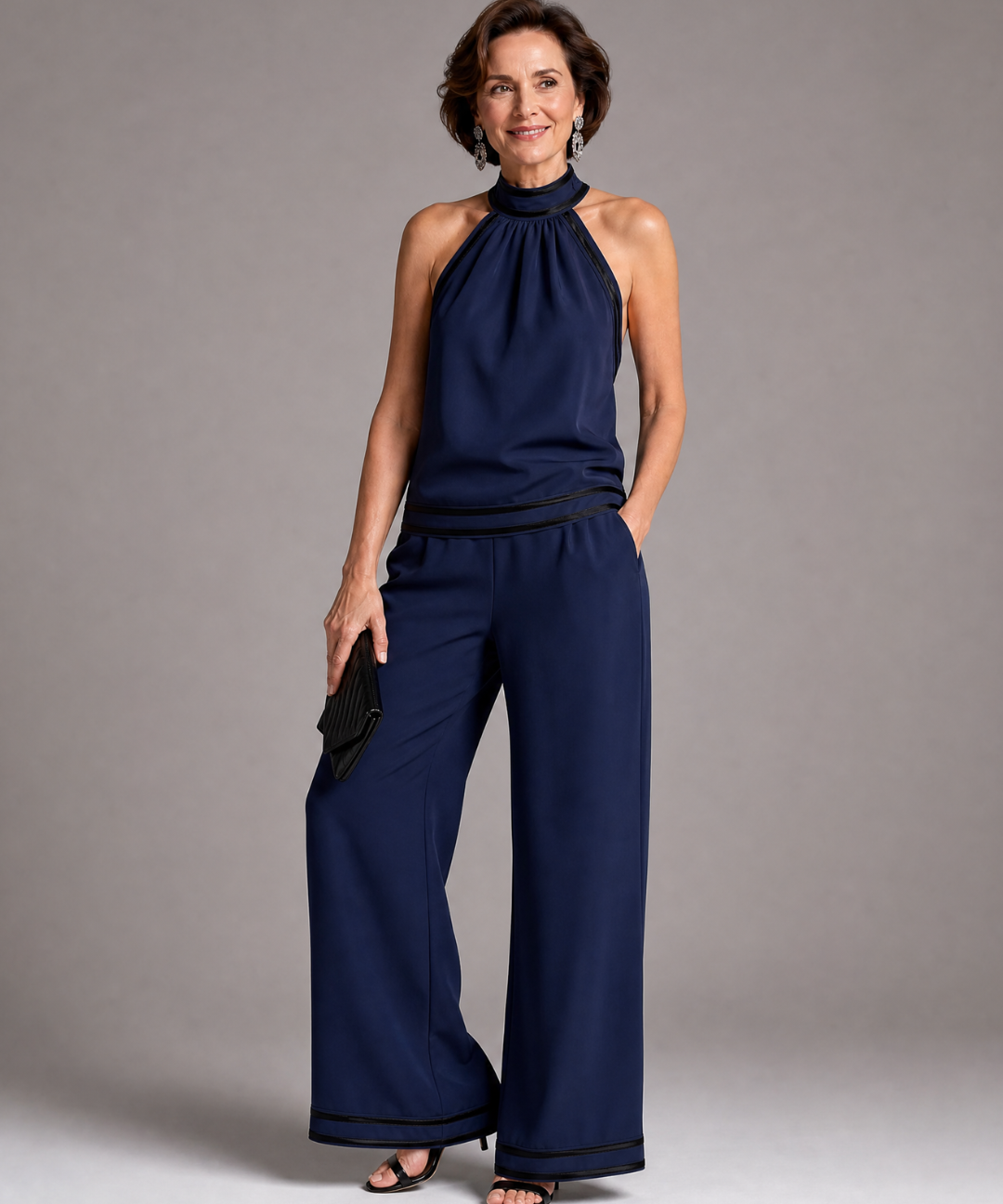 Therese – Overall med halterneck, vida ben och kontrastkant