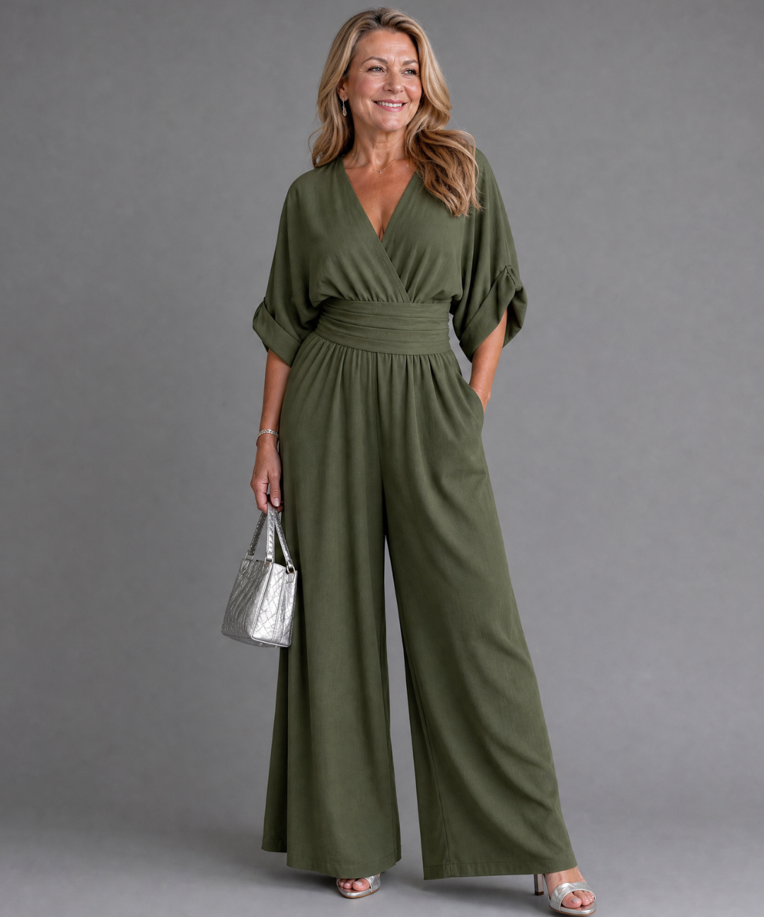Ragnhild – Draperad overall med v-ringning och vida ben