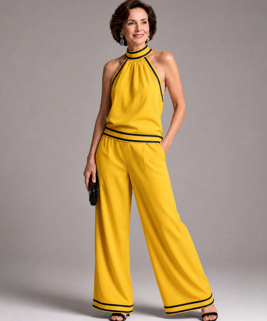 Therese – Overall med halterneck, vida ben och kontrastkant