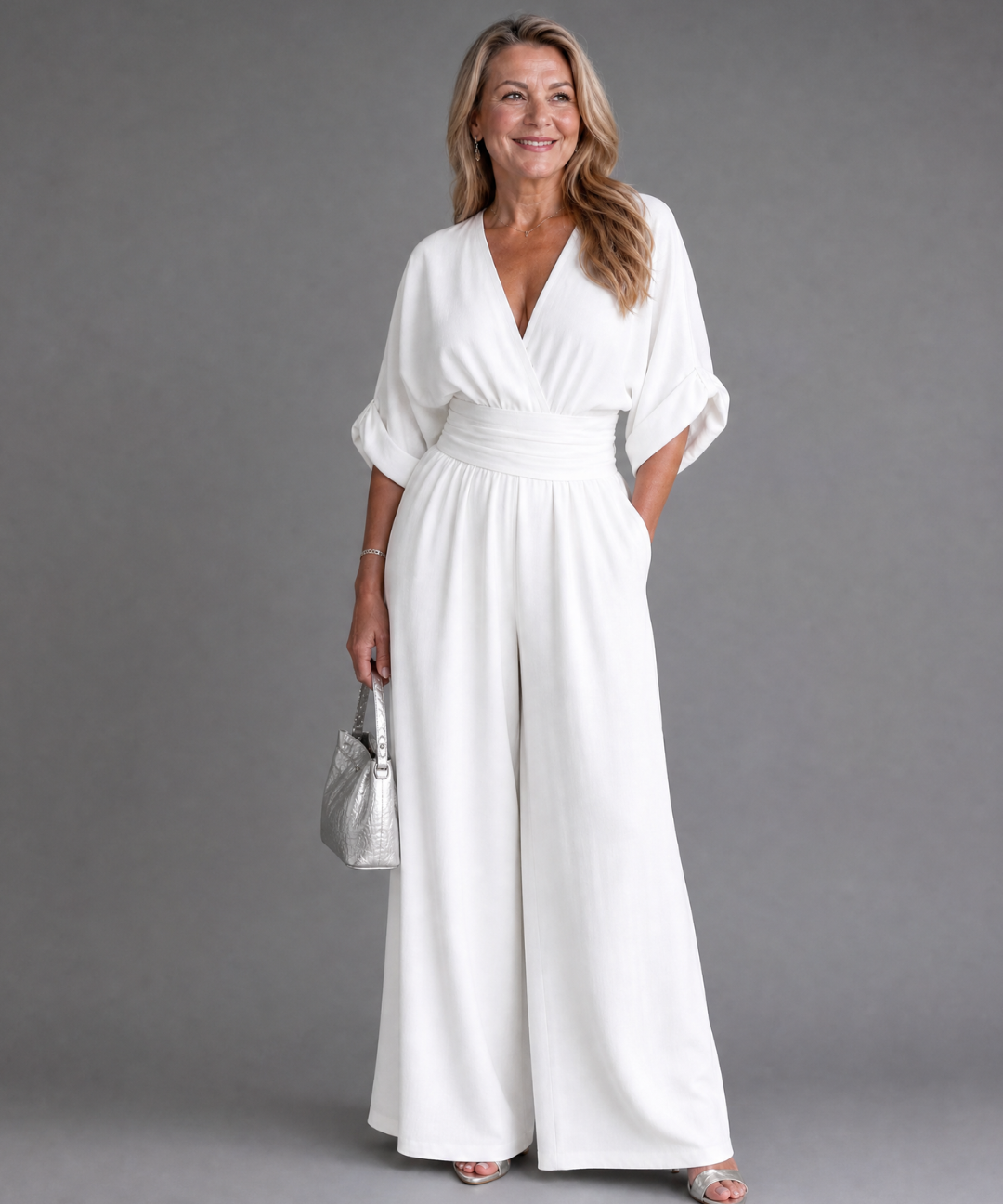 Ragnhild – Draperad overall med v-ringning och vida ben