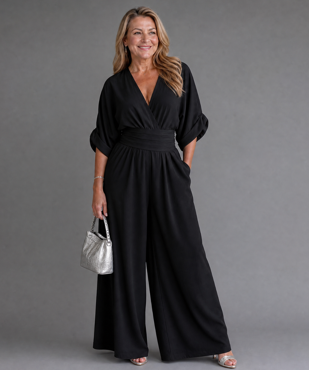 Ragnhild – Draperad overall med v-ringning och vida ben