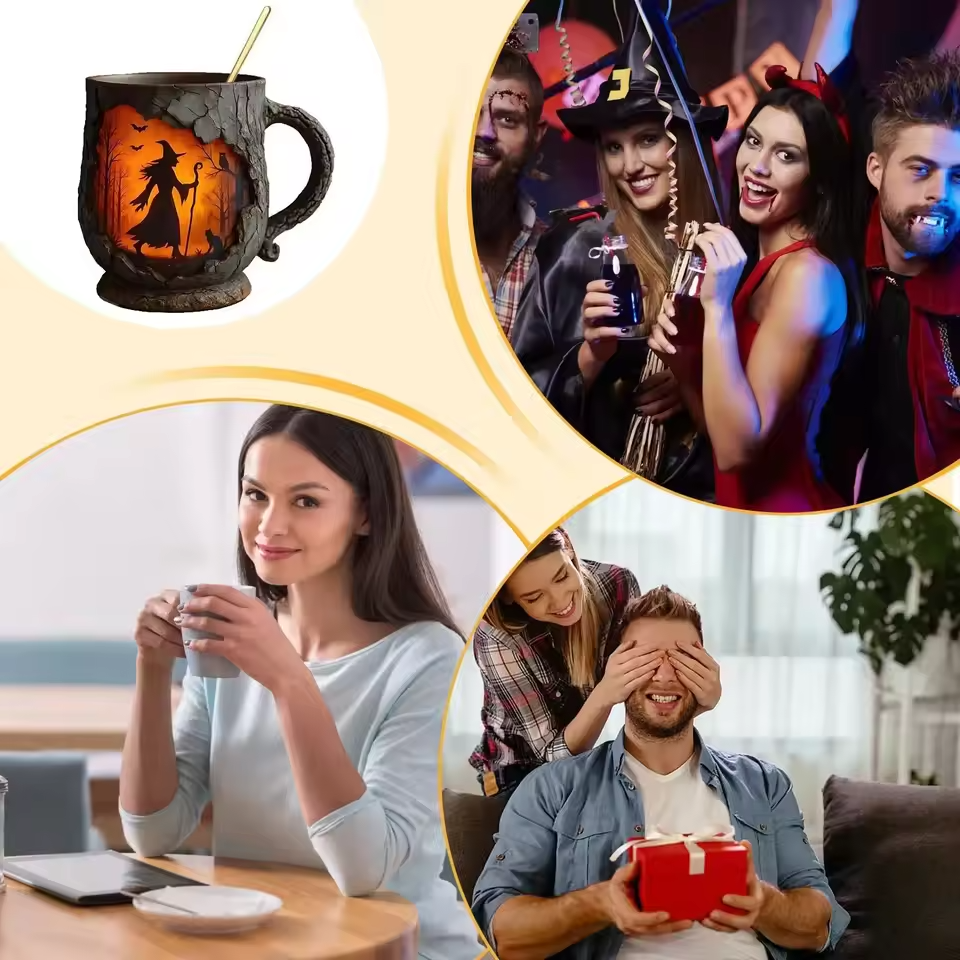 Handgjord Prägling Halloween Mug – Design med Häxa och Katt