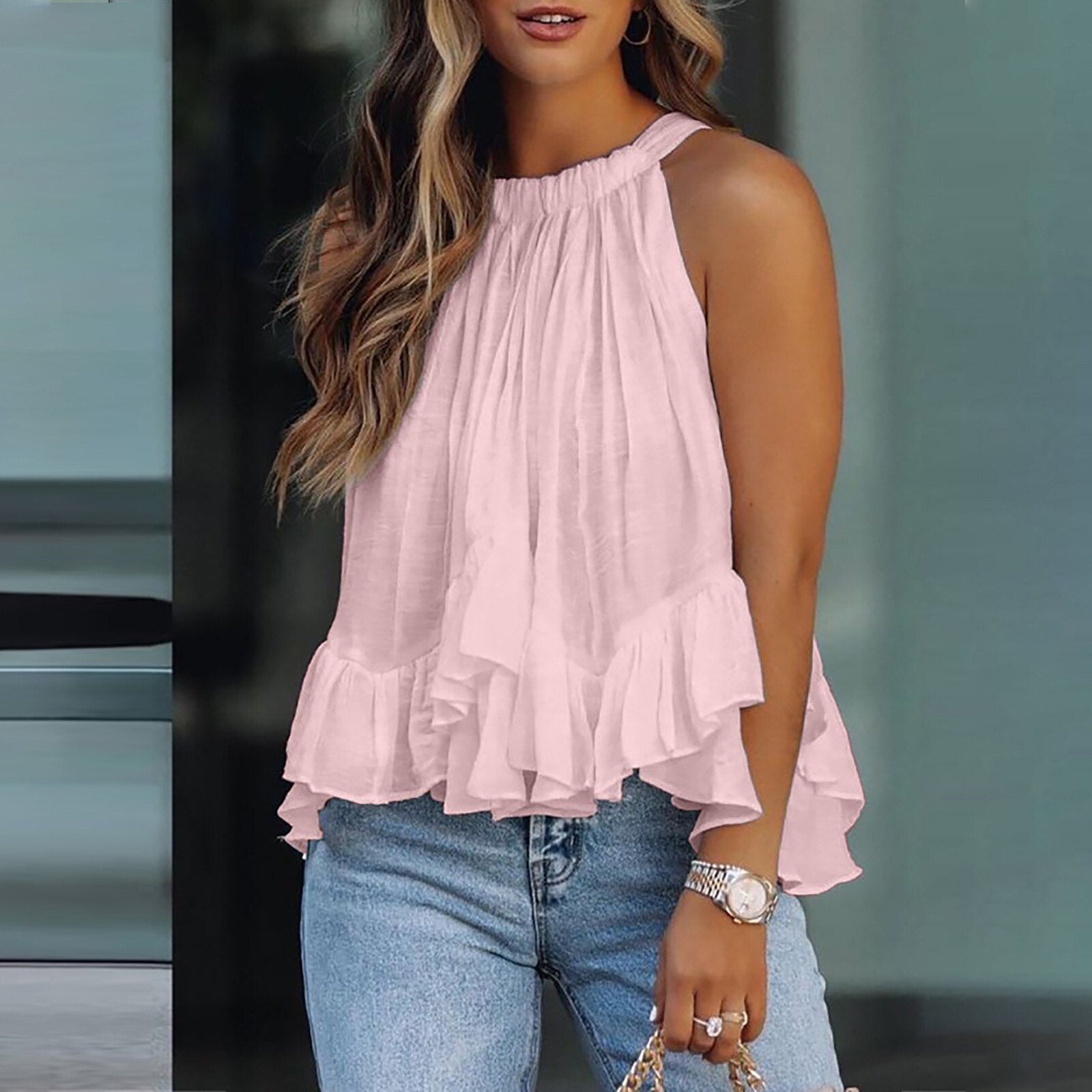 Blus med volanger i textur Karianne
