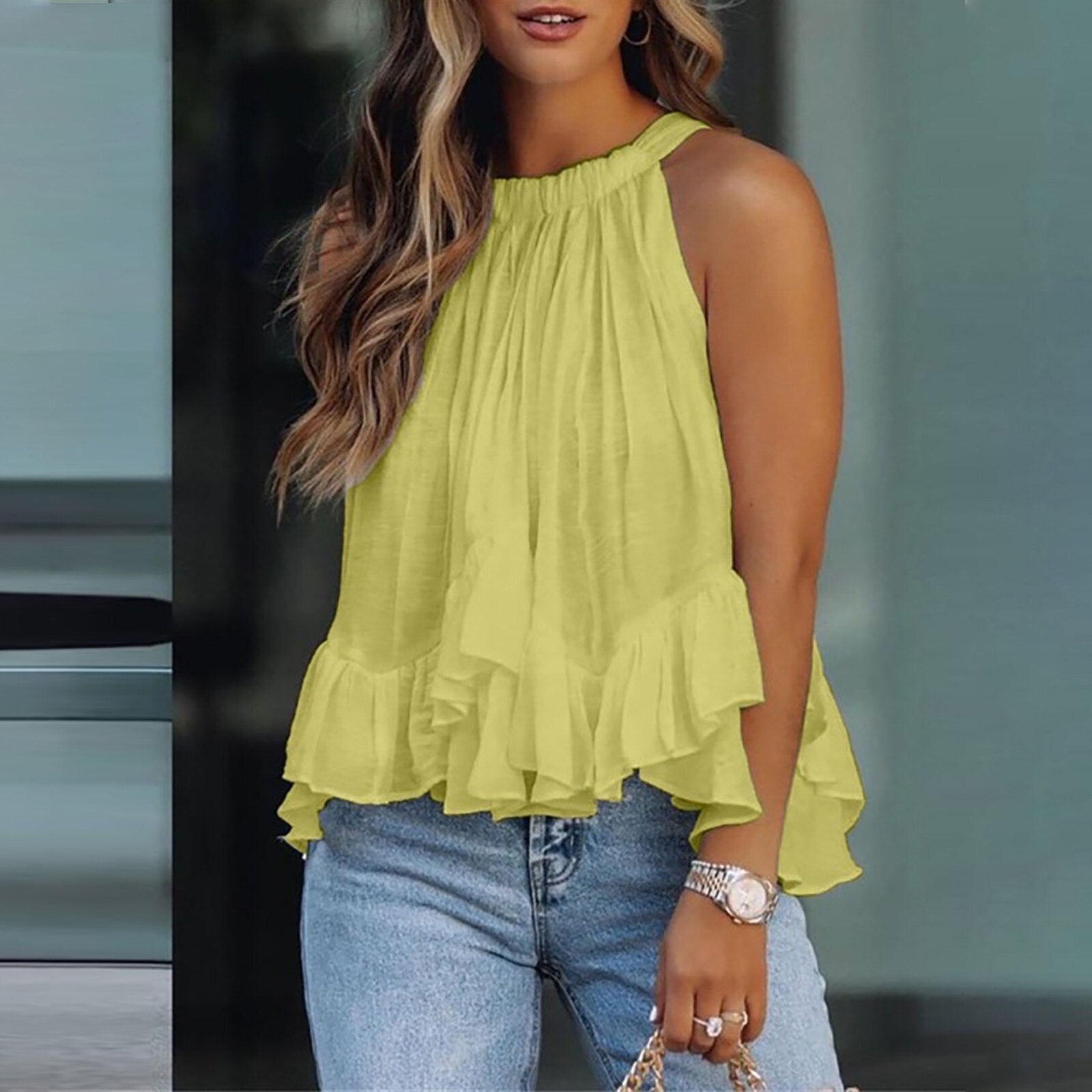 Blus med volanger i textur Karianne