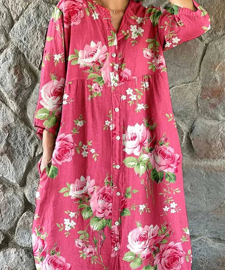 Anita – Blommig skjortklänning med knappar