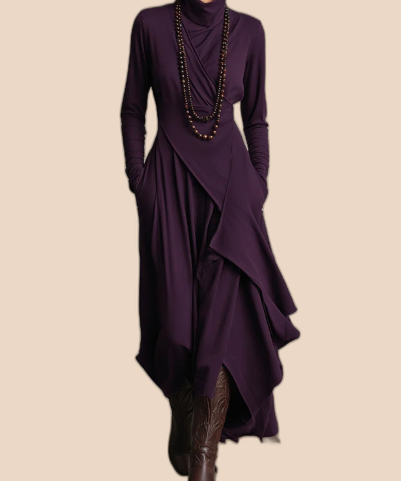 Hillevi – Elegant höghalsad asymmetrisk draperad maxiklänning
